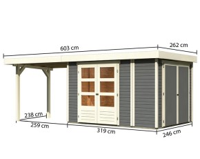 Karibu Holz-Gartenhaus Retola 4 + Anbauschrank + 2,8m Anbaudach - 19mm Elementhaus - Flachdach - terragrau