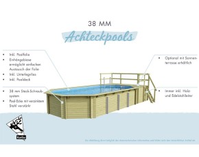 Karibu Holzpool Achteck 5D Set großer Filter + Skimmer + Terrasse + kleine Sonnenterasse - blaue Folie