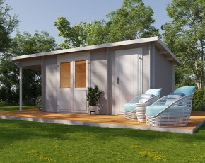 Finnhaus Wolff Holz-Gartenhaus Galina 5723 40 + 1,4m Anbaudach  - 40mm Blockbohlenhaus - 2-Raum-Gartenhaus - Pultdach - natur