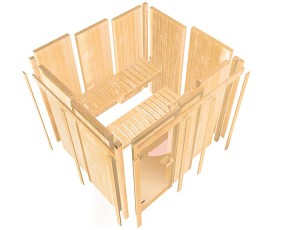 Karibu Innensauna Saja + Dachkranz - 68mm Elementsauna - Ganzglastür bronziert - 230V Sauna - Ecksauna