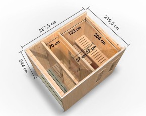 Karibu Gartensauna Catalina + Vorraum + 9kW Saunaofen + externe Steuerung - 73mm Saunahaus - Flachdach - natur