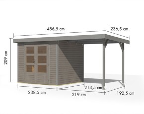 Karibu Hybrid-Gartenhaus Jupiter 3 D + 2,4m Anbaudach - 19mm Elementhaus - Geräteschuppen - Pultdach - wassergrau/grau