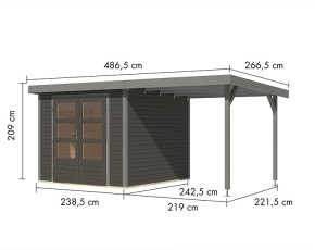 Karibu Hybrid-Gartenhaus Jupiter 3,5 B + 2,4m Anbaudach - 19mm Elementhaus - Geräteschuppen - Pultdach - terragrau/grau