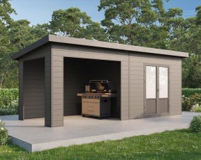 Finnhaus Wolff WPC-Gartenhaus Tona 6024 28 + 3m Anbaudach + Rückwand - 28mm Hohlkammerprofil - Gartenhaus Lounge - Pultdach - hellgrau