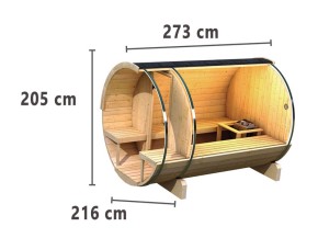 Karibu Fasssauna 2 + Terrasse + 9kW Saunaofen + externe Steuerung Easy - 42mm Saunafass - Tonnendach - natur