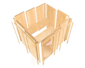 Karibu Innensauna Fiona 3 + Fenster + 9kW Saunaofen + integrierte Steuerung - 68mm Elementsauna - Ganzglastür bronziert - Ecksauna