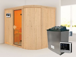 Karibu 68mm Systembausauna Titania 4 - Fronteinstieg - Ganzglastür bronziert - abgerundete Ecke - 9kW Saunaofen mit externer Steuerung Easy