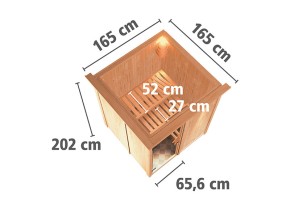 Karibu Innensauna Minja + Dachkranz + 3,6kW Plug&Play Bio-Kombiofen + externe Steuerung Easy Bio - 68mm Elementsauna - Ganzglastür bronziert - 230V Sauna