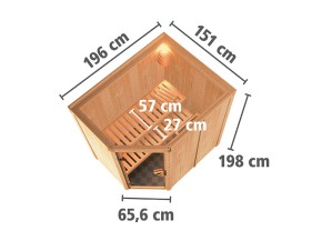 Karibu Innensauna Saja + 3,6kW Plug&Play Saunaofen + externe Steuerung Easy - 68mm Elementsauna - Ganzglastür bronziert - 230V Sauna - Ecksauna