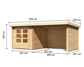 Karibu Holz-Gartenhaus Bastrup 4 + 3m Anbaudach + Seiten + Rückwand - 28mm Blockbohlenhaus - Gartenhaus Lounge - Pultdach - natur
