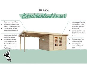 Karibu Holz-Gartenhaus Bastrup 5 + 3m Anbaudach - 28mm Blockbohlenhaus - Pultdach - natur