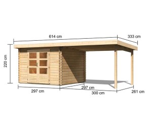 Karibu Holz-Gartenhaus Bastrup 5 + 3m Anbaudach - 28mm Blockbohlenhaus - Pultdach - natur