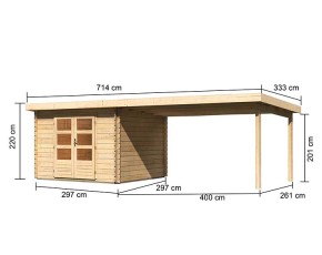 Karibu Holz-Gartenhaus Bastrup 5 + 4m Anbaudach - 28mm Blockbohlenhaus - Pultdach - natur