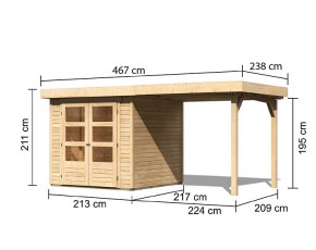 Karibu Holz-Gartenhaus Askola 2 + 2,4m Anbaudach - 19mm Elementhaus - Flachdach - natur