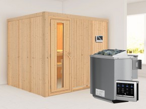 Karibu 68mm Systembausauna Gobin - Fronteinstieg - Energiespartür - ohne Dachkranz - 9kW Bio-Kombiofen mit externer Steuerung Easy bio