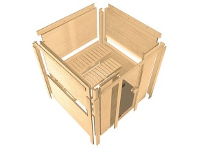 Karibu Innensauna Gobin + Dachkranz + 9kW Saunaofen + integrierte Steuerung - 68mm Elementsauna - Ganzglastür graphit