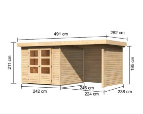 Karibu Holz-Gartenhaus Askola 3,5 + 2,4m Anbaudach + Seiten + Rückwand - 19mm Elementhaus - Flachdach - natur