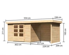 Karibu Holz-Gartenhaus Askola 4 + 2,4m Anbaudach + Seiten + Rückwand - 19mm Elementhaus - Flachdach - natur