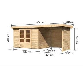 Karibu Holz-Gartenhaus Askola 5 + 2,4m Anbaudach + Seiten + Rückwand - 19mm Elementhaus - Flachdach - natur