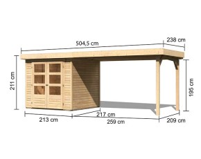 Karibu Holz-Gartenhaus Askola 2 + 2,8m Anbaudach - 19mm Elementhaus - Flachdach - natur