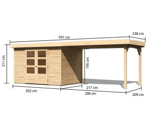 Karibu Holz-Gartenhaus Askola 4 + 2,8m Anbaudach - 19mm Elementhaus - Flachdach - natur