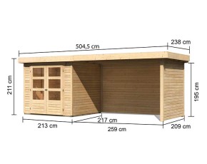 Karibu Holz-Gartenhaus Askola 2 + 2,8m Anbaudach + Seiten + Rückwand - 19mm Elementhaus - Flachdach - natur