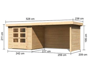 Karibu Holz-Gartenhaus Askola 3 + 2,8m Anbaudach + Seiten + Rückwand - 19mm Elementhaus - Flachdach - natur