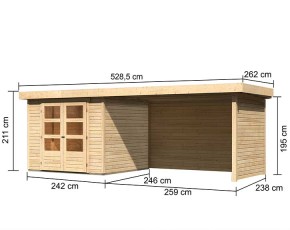 Karibu Holz-Gartenhaus Askola 3,5 + 2,8m Anbaudach + Seiten + Rückwand - 19mm Elementhaus - Flachdach - natur