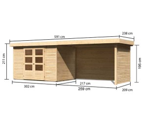 Karibu Holz-Gartenhaus Askola 4 + 2,8m Anbaudach + Seiten + Rückwand - 19mm Elementhaus - Flachdach - natur