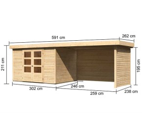 Karibu Holz-Gartenhaus Askola 5 + 2,8m Anbaudach + Seiten + Rückwand - 19mm Elementhaus - Flachdach - natur