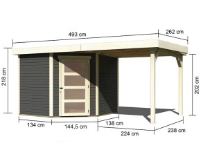 Karibu Holz-Gartenhaus Schwandorf 5 + 2,4m Anbaudach - 19mm Elementhaus - 5-Eck-Gartenhaus - Flachdach - terragrau