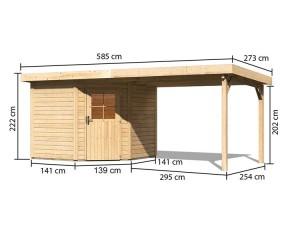 Karibu Holz-Gartenhaus Neuruppin 2 + 3,2m Anbaudach - 28mm Elementhaus - Flachdach - natur