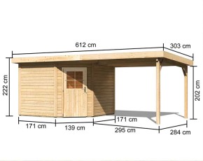 Karibu Holz-Gartenhaus Neuruppin 3 + 3,2m Anbaudach - 28mm Elementhaus - Flachdach - natur