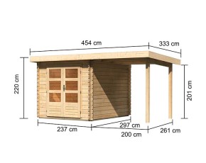 Karibu Holz-Gartenhaus Bastrup 4 + 2m Anbaudach - 28mm Blockbohlenhaus - Pultdach - natur