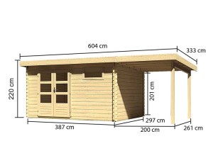 Karibu Holz-Gartenhaus Bastrup 8 + 2m Anbaudach - 28mm Blockbohlenhaus - Pultdach - natur