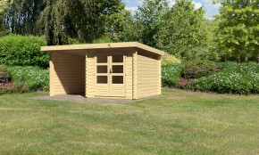 Karibu Holz-Gartenhaus Bastrup 4 + 2m Anbaudach + Seiten + Rückwand - 28mm Blockbohlenhaus - Gartenhaus Lounge - Pultdach - natur