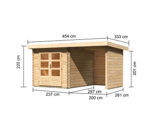 Karibu Holz-Gartenhaus Bastrup 4 + 2m Anbaudach + Seiten + Rückwand - 28mm Blockbohlenhaus - Gartenhaus Lounge - Pultdach - natur