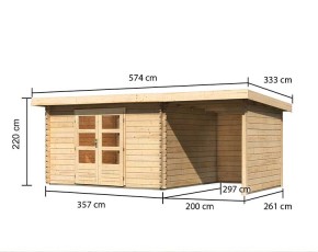 Karibu Holz-Gartenhaus Bastrup 7 + 2m Anbaudach + Seiten + Rückwand - 28mm Blockbohlenhaus - Gartenhaus Lounge - Pultdach - natur