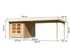 Karibu Holz-Gartenhaus Bastrup 4 + 4m Anbaudach - 28mm Blockbohlenhaus - Pultdach - natur