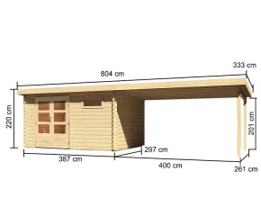 Karibu Holz-Gartenhaus Bastrup 8 + 4m Anbaudach - 28mm Blockbohlenhaus - Pultdach - natur