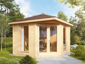 Finnhaus Wolff 5-Eck Holz Gartenhaus Katrin 44-A mit roten Dachschindeln + Haube