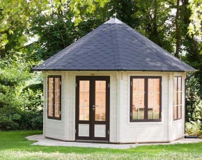 Finnhaus Wolff Holz-Gartenhaus Mads 4040 45 + schwarze Dachschindeln - 45mm Gartenpavillon - Zeltdach - natur