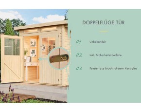 Karibu Holz-Gartenhaus Glücksburg 3 + 1,9m Anbaudach - 19mm Elementhaus - Pultdach - natur
