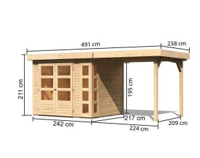 Karibu Holz-Gartenhaus Kerko 3 + 2,4m Anbaudach - 19mm Elementhaus - Flachdach - natur