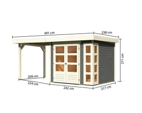 Karibu Holz-Gartenhaus Kerko 3 + 2,4m Anbaudach - 19mm Elementhaus - Geräteschuppen - Flachdach - terragrau