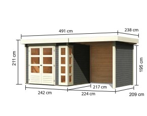 Karibu Holz-Gartenhaus Kerko 3 + 2,4m Anbaudach + Seiten + Rückwand - 19mm Elementhaus - Flachdach - terragrau