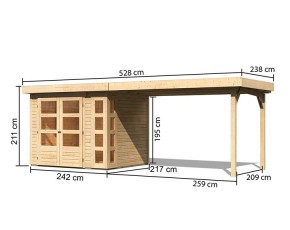 Karibu Holz-Gartenhaus Kerko 3 + 2,8m Anbaudach - 19mm Elementhaus - Flachdach - natur