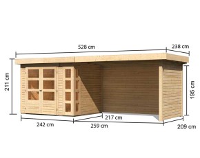 Karibu Holz-Gartenhaus Kerko 3 + 2,8m Anbaudach + Seiten + Rückwand - 19mm Elementhaus - Flachdach - natur