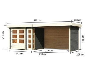 Karibu Holz-Gartenhaus Kerko 3 + 2,8m Anbaudach + Seiten + Rückwand - 19mm Elementhaus - Flachdach - terragrau