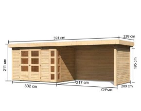 Karibu Holz-Gartenhaus Kerko 4 + 2,8m Anbaudach + Seiten + Rückwand - 19mm Elementhaus - Flachdach - natur